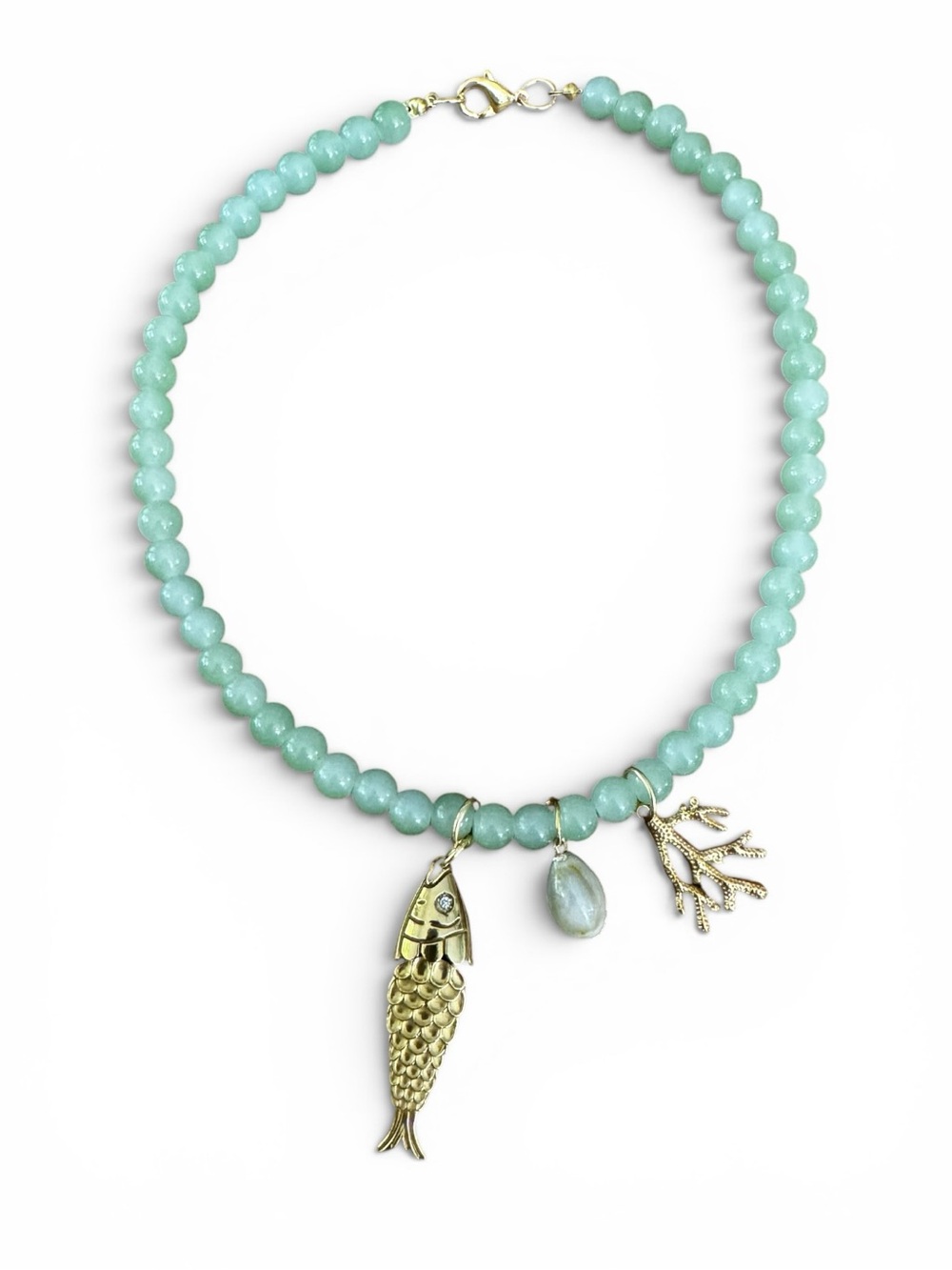 Mint Green Beaded Necklace with Gold Charms